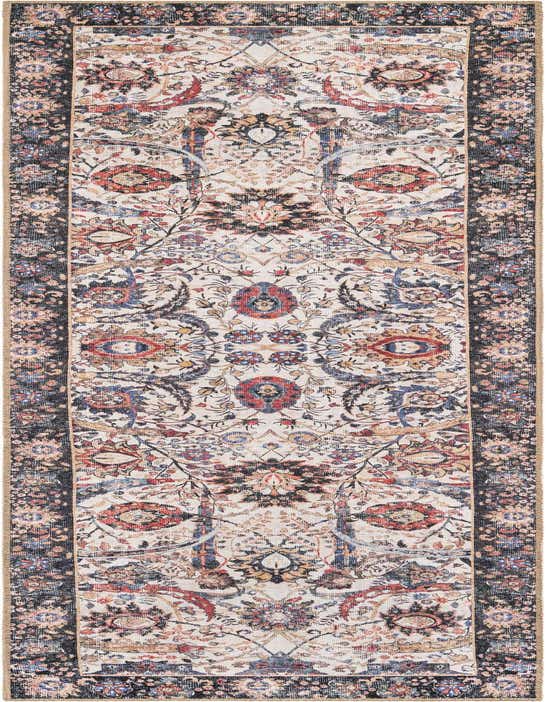 A 10 ft runner rug with an ivory and cream background, featuring a traditional Oriental pattern in red, blue, and black, with a dark border, ideal for a hallway.