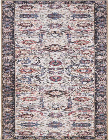A 12 ft ivory runner rug with a traditional oriental pattern featuring red, blue, and black floral motifs and a dark border, ideal for a hallway.