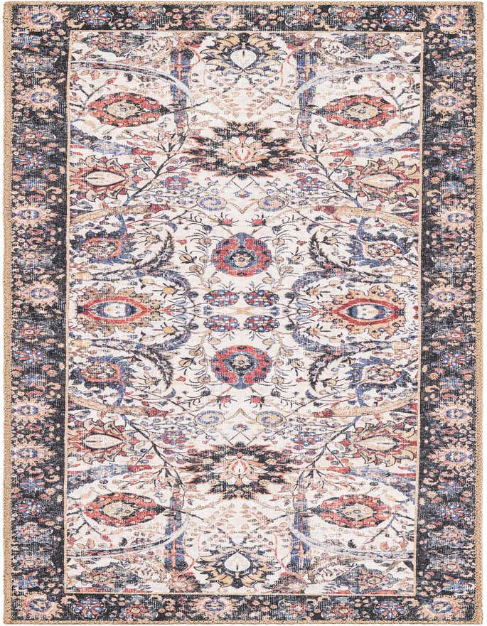 A 6 ft runner rug with a traditional ivory and cream base, featuring distressed floral patterns in red, blue, and black, ideal for a hallway.