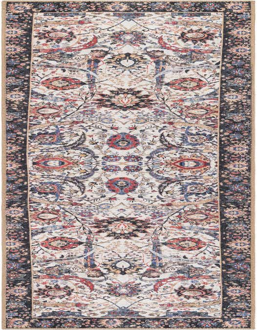 An 8 ft runner rug from the Timeless collection, featuring a modern ivory and cream base with intricate floral and medallion patterns in red, blue, and black, ideal for a hallway.