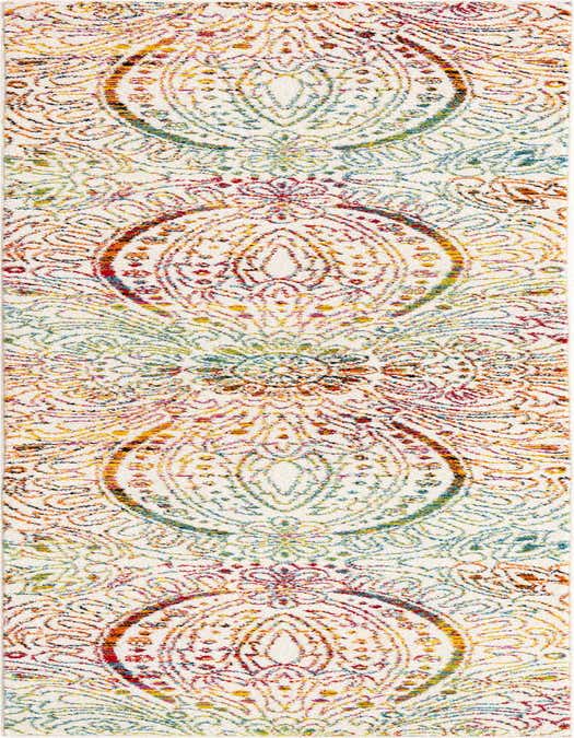 A 10 ft runner rug with an ivory background and a colorful bohemian medallion pattern in red, orange, blue, and green.