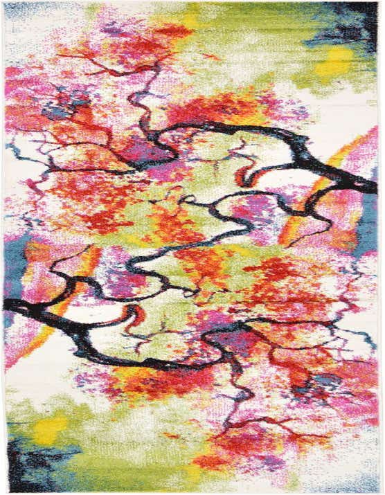 A 10 ft runner rug featuring a vibrant, abstract botanical design with black branches and colorful pink, red, yellow, green, and blue hues on an ivory background, perfect for a hallway.