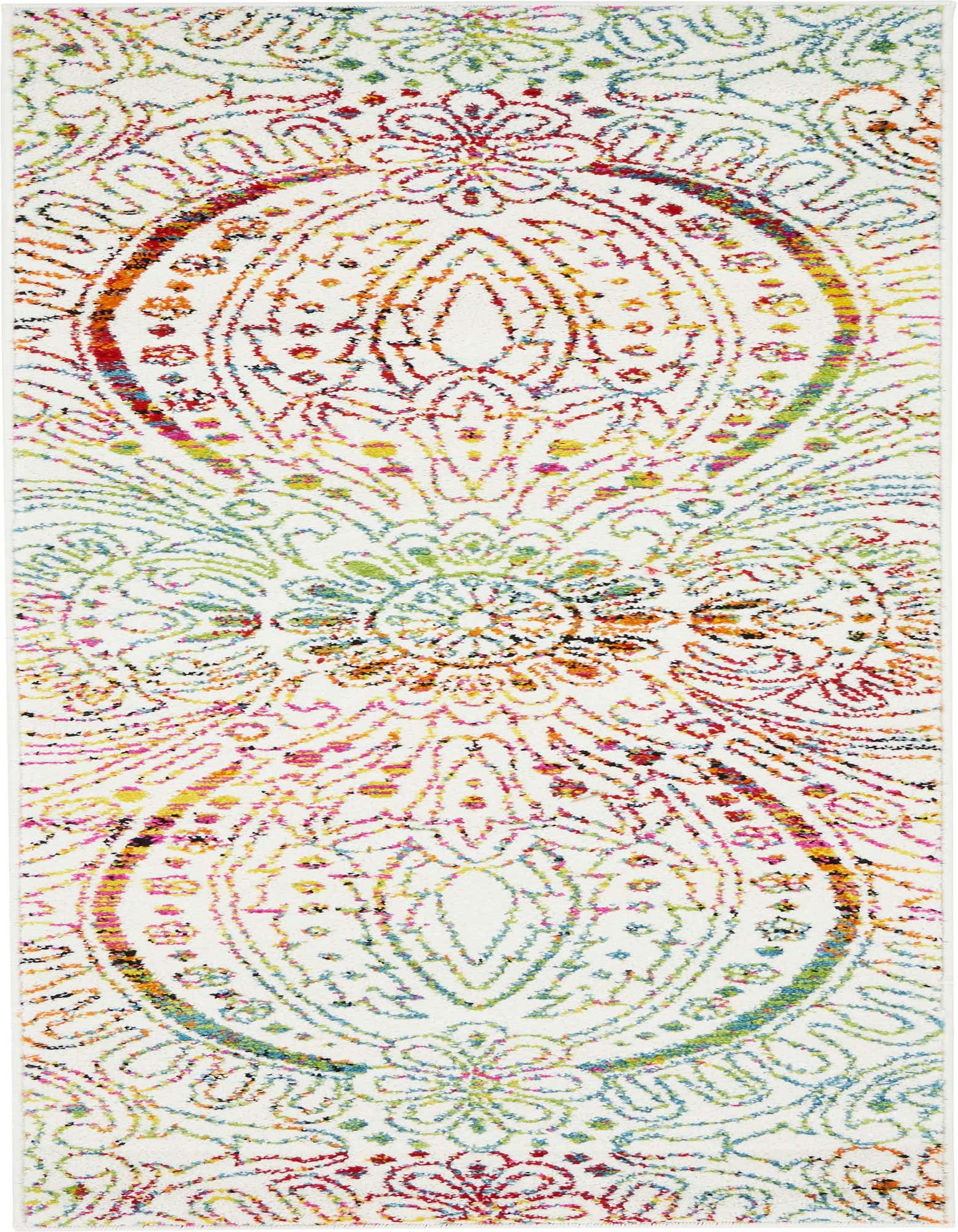 A 6 ft runner rug featuring a vibrant bohemian medallion pattern in red, blue, green, and yellow on an ivory background.