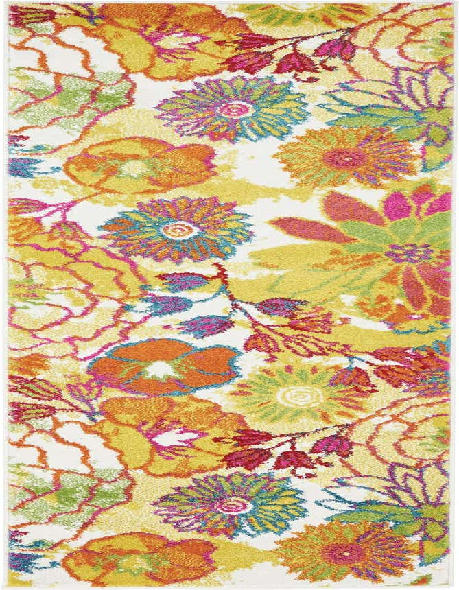 A 6 ft runner rug with a vibrant contemporary floral pattern on an ivory background, featuring large blooms in orange, yellow, pink, and green.