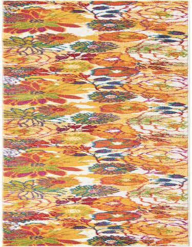 A 14 ft runner rug with a vibrant modern floral pattern in ivory, cream, white, orange, yellow, and green, ideal for a hallway.