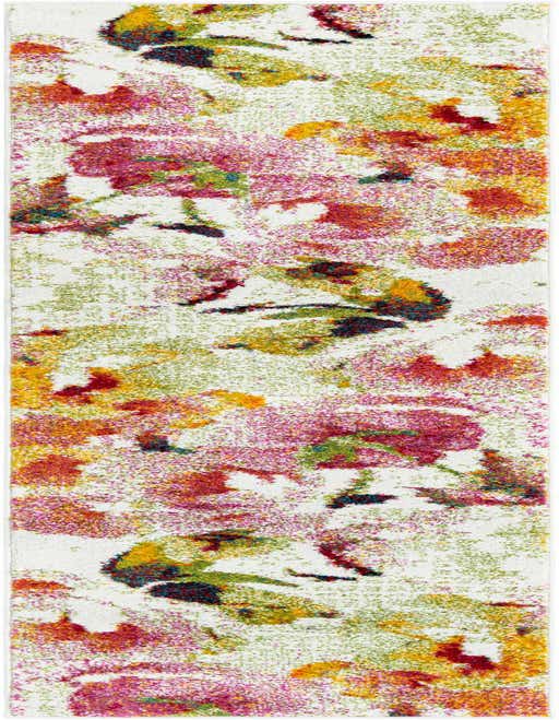 A long 8 ft runner rug with a modern floral pattern in vibrant ivory, pink, green, and yellow, ideal for a hallway.