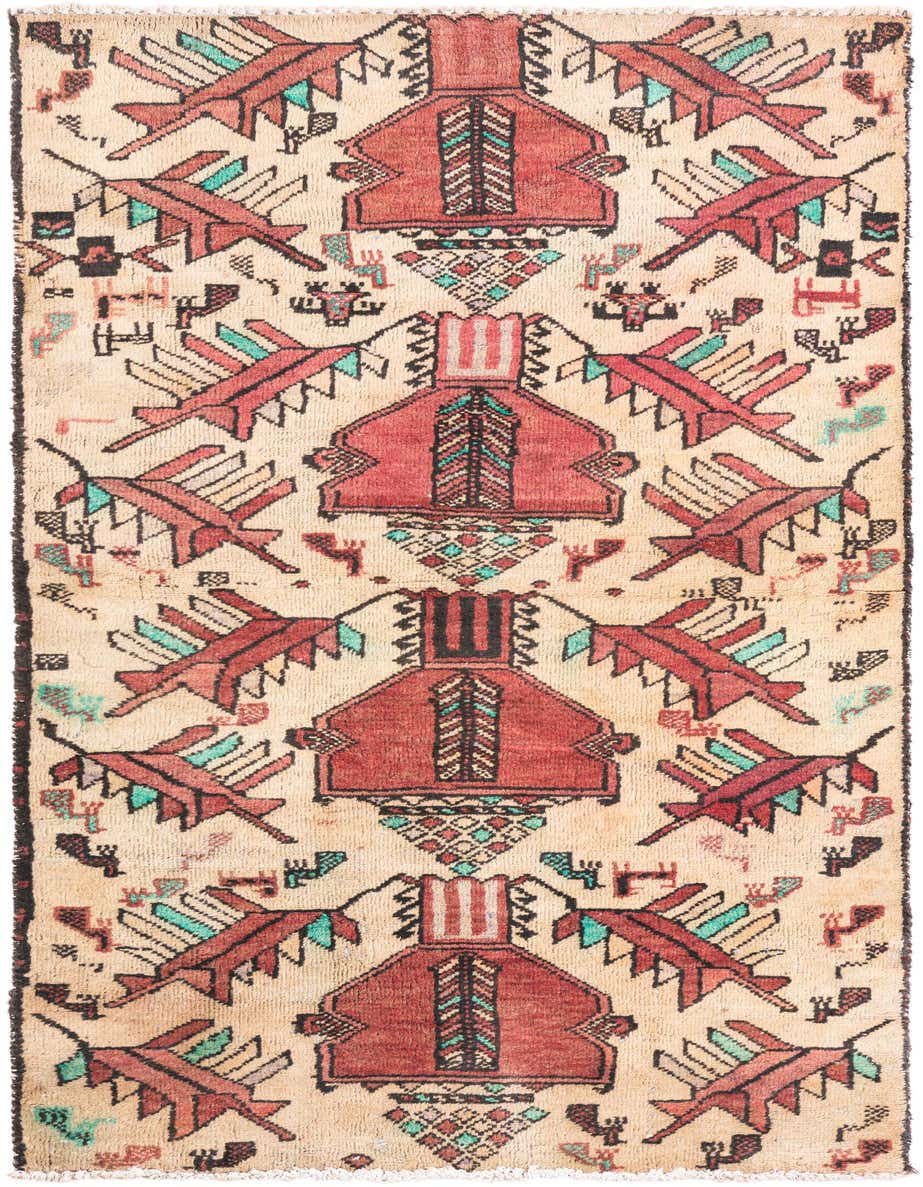 A 5 ft runner rug with an ivory background and a repeating pattern of stylized red and teal bird-like motifs, perfect for a hallway.