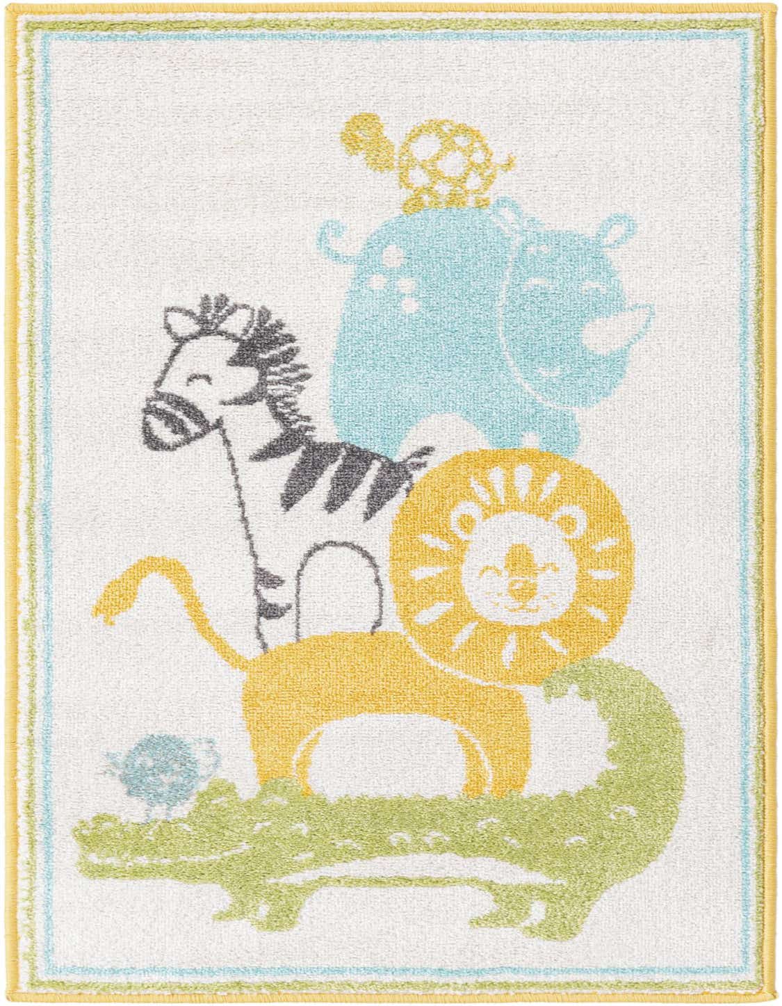 A white runner rug with a stack of cartoon safari animals: a green alligator, yellow lion, black and white zebra, blue rhino, and yellow turtle.