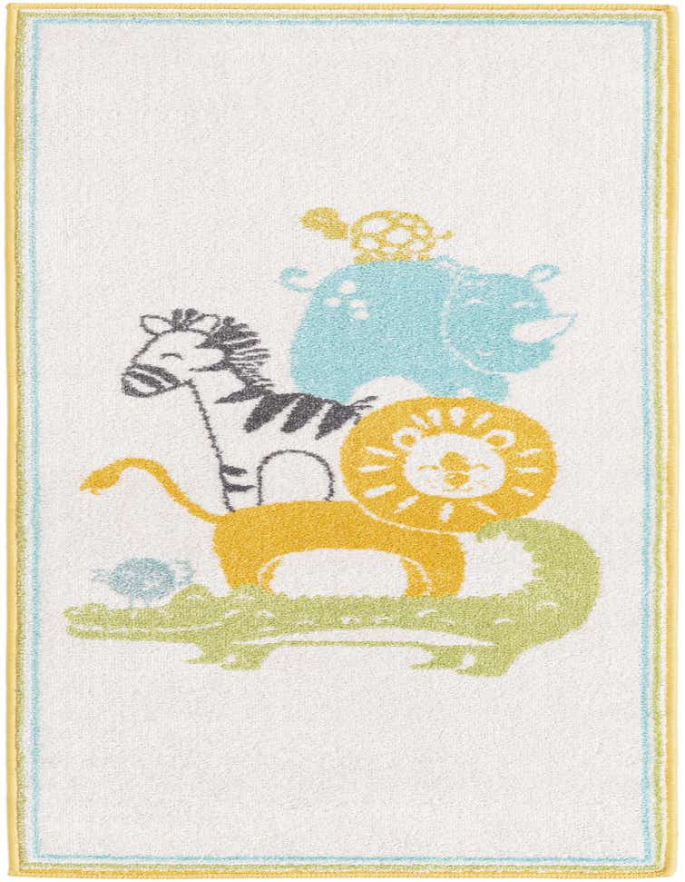 White runner rug with a playful stack of colorful safari animals: a green alligator, yellow lion, black and white zebra, blue rhino, and yellow giraffe.