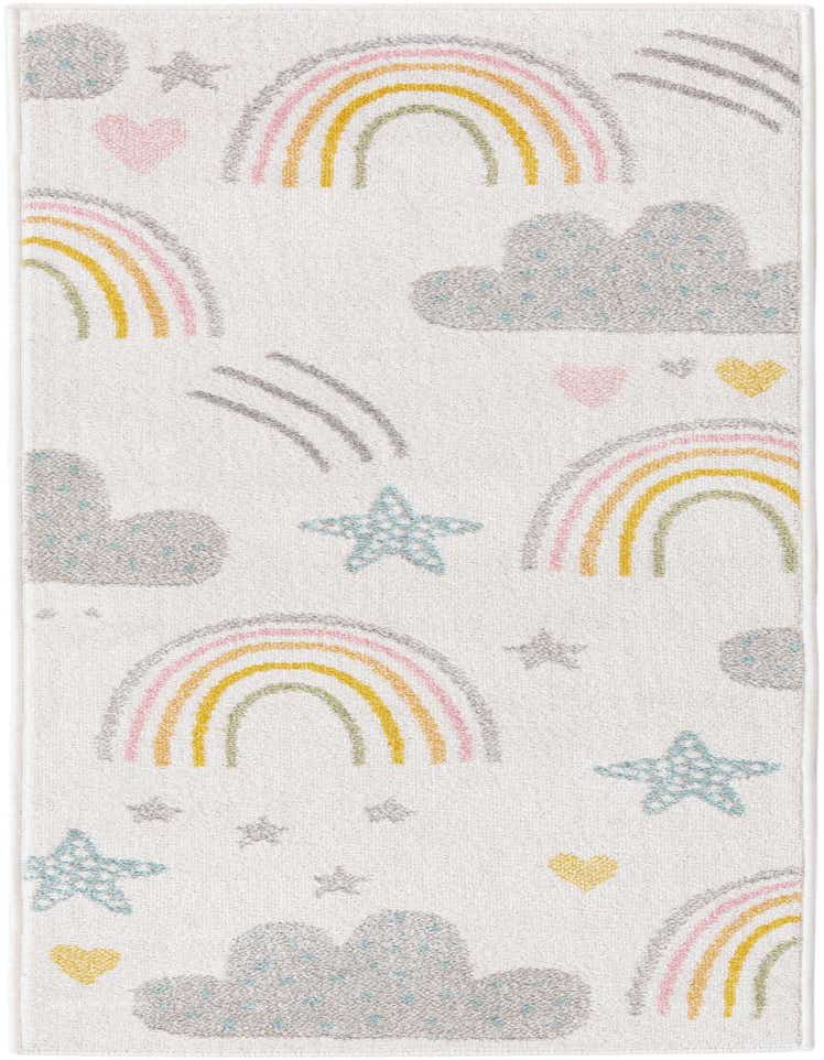 A 6 ft runner rug with a cream background, featuring colorful rainbows, clouds, stars, and hearts, ideal for a child's room or hallway.
