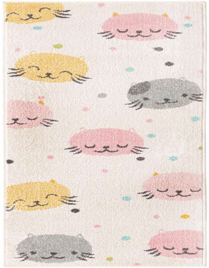 A 6 ft runner rug featuring a playful pattern of smiling pink, yellow, and grey cartoon cat faces on an ivory background, with colorful polka dots.