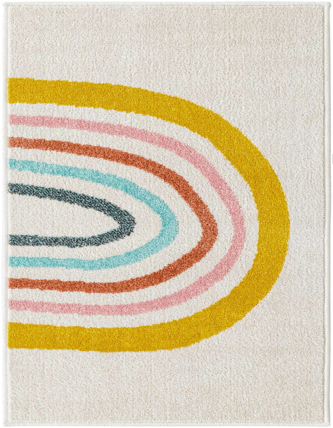 A 4 ft runner rug from Rugs.com Whimsy Kids collection, featuring a cream background with a colorful rainbow arc design in yellow, pink, rust, teal, and charcoal.