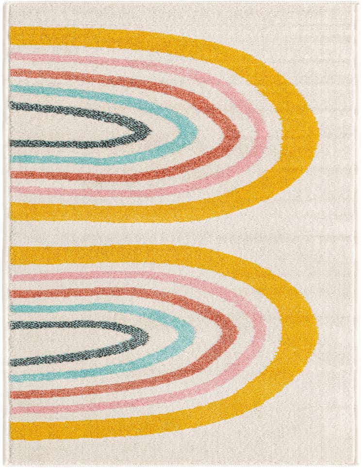 A 6 ft runner rug with a cream background featuring two large, colorful rainbow-like arches in yellow, pink, coral, teal, and dark gray.