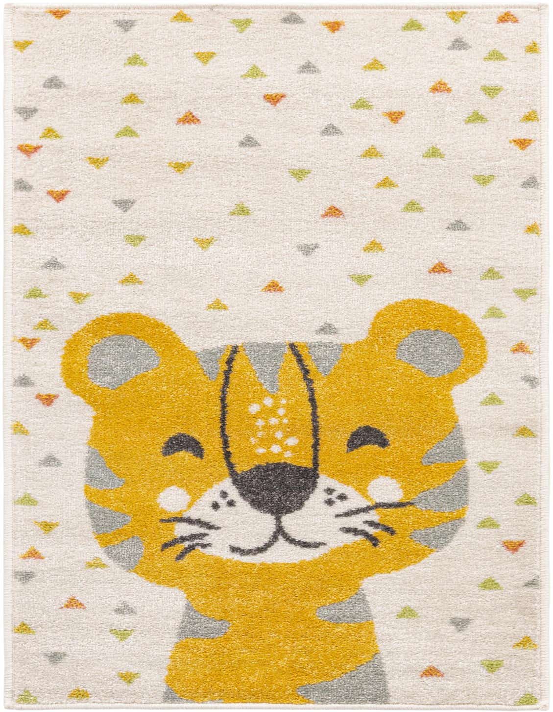 A cream 4 ft runner rug with a friendly yellow tiger face at the bottom and scattered colorful triangles.