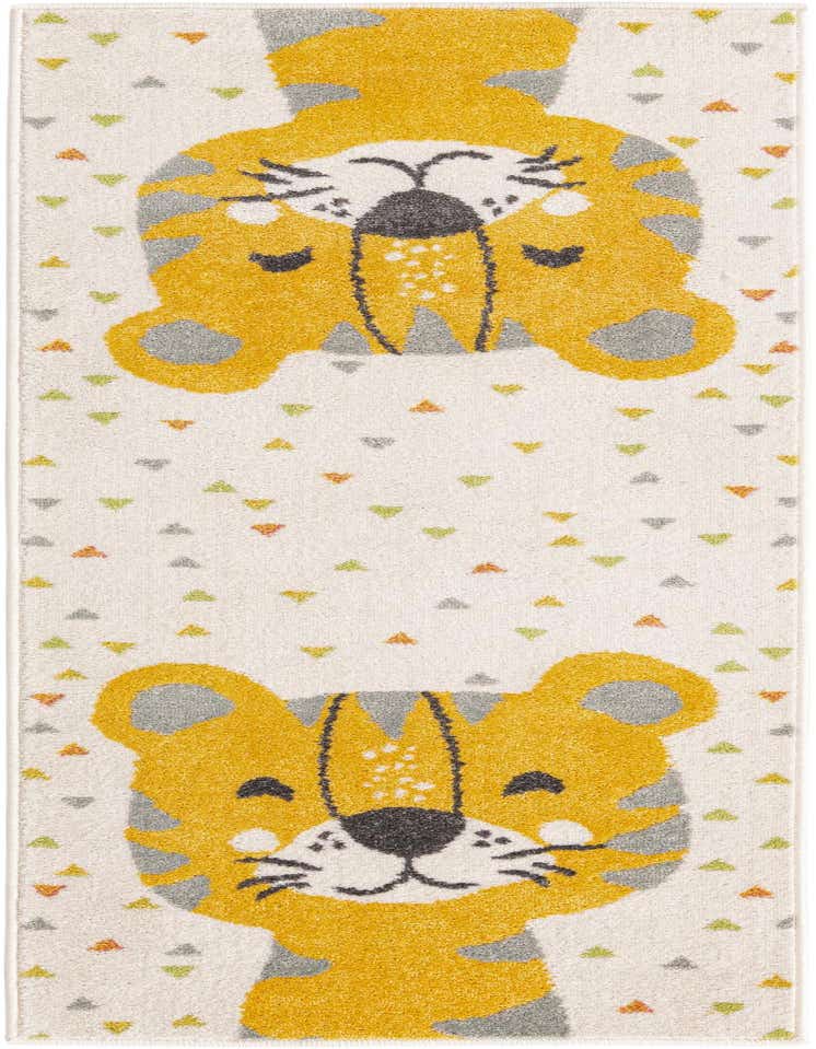 A 6 ft runner rug featuring two playful yellow tiger faces with gray stripes on an ivory background, surrounded by scattered colorful triangles.