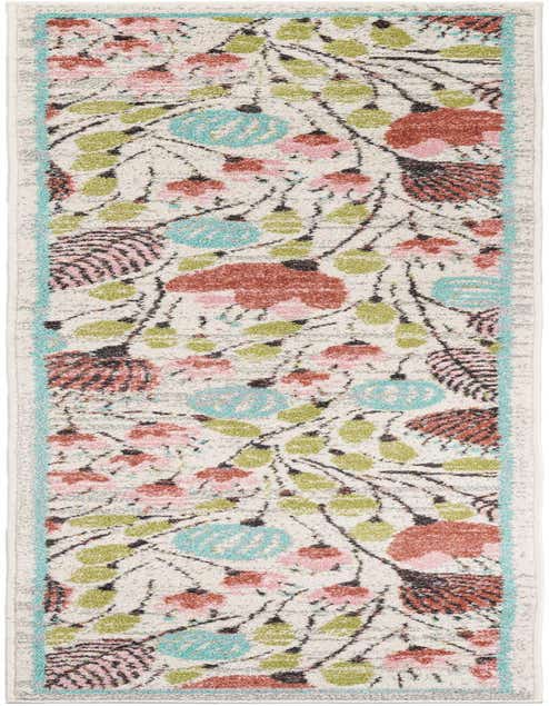 An 8 ft runner rug with a whimsical floral pattern in ivory, light pink, teal, and green, perfect for a hallway or kitchen.