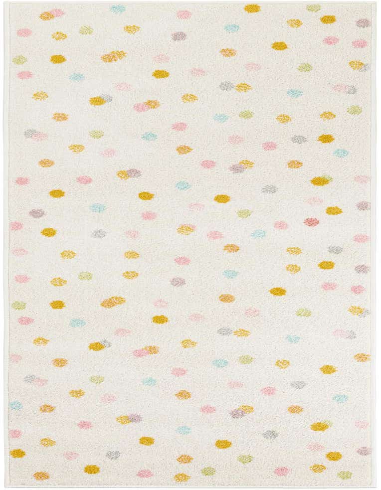 A 6 ft runner rug with an ivory background and scattered colorful polka dots in pink, yellow, blue, and green.