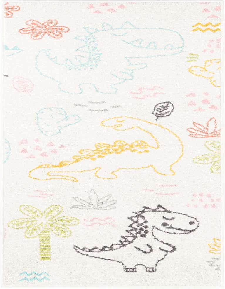 A white 6 ft runner rug with playful, pastel-colored dinosaur and plant outlines, ideal for a kid's hallway.