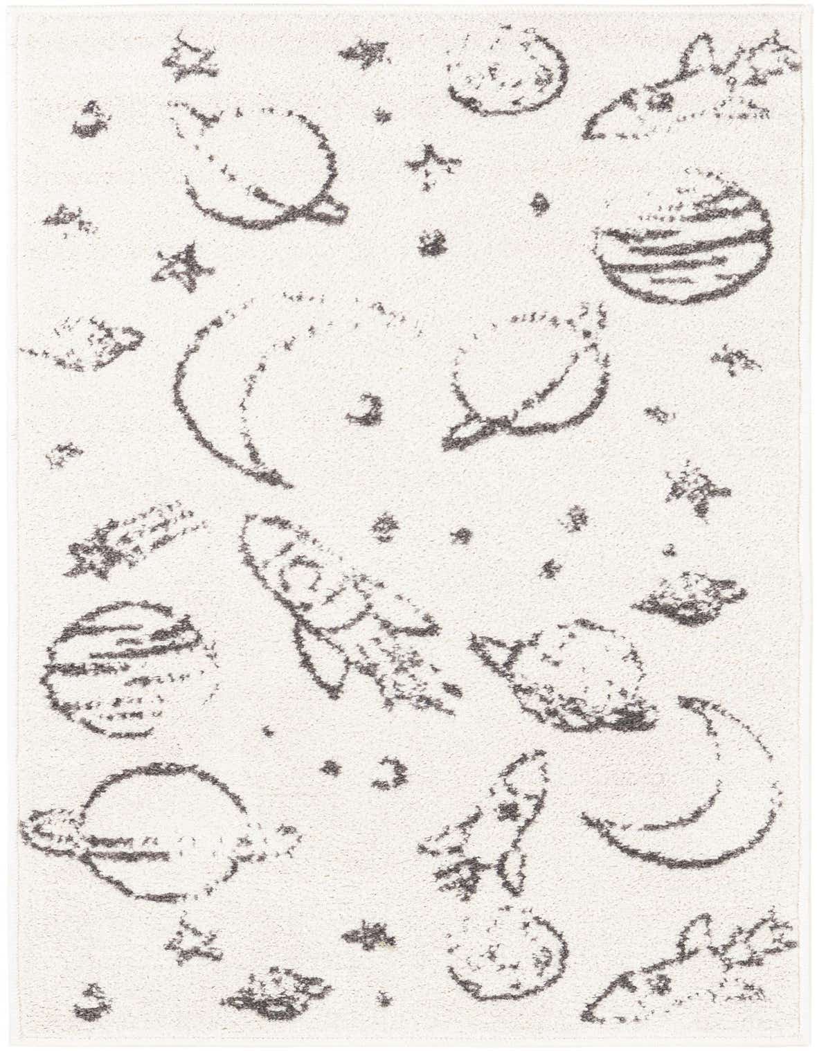 A 4 ft runner rug in ivory with a playful space-themed pattern featuring planets, rockets, and stars in gray.