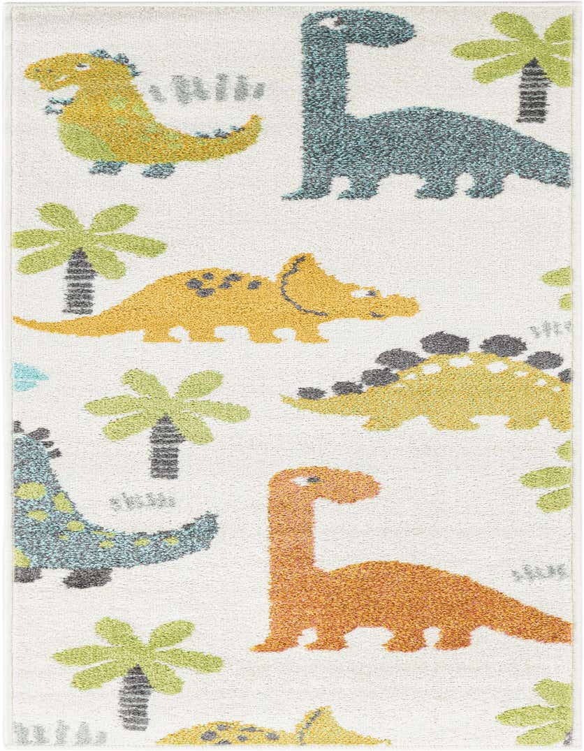 A white runner rug with a playful pattern of colorful dinosaurs and green palm trees, perfect for a child's room.
