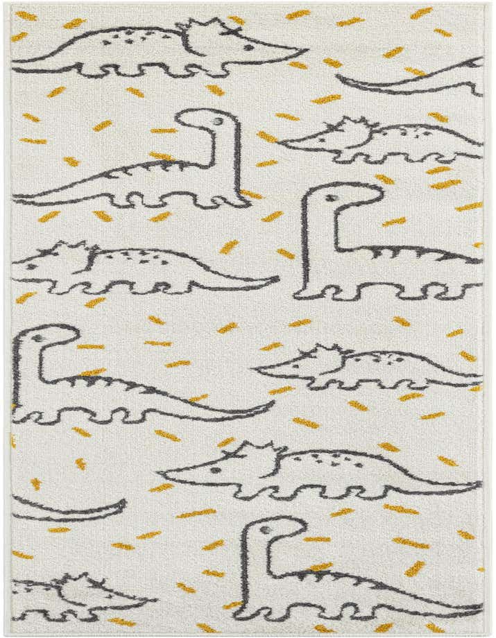 Ivory runner rug with playful gray dinosaur outlines and scattered yellow dashes, perfect for a child's room or hallway.