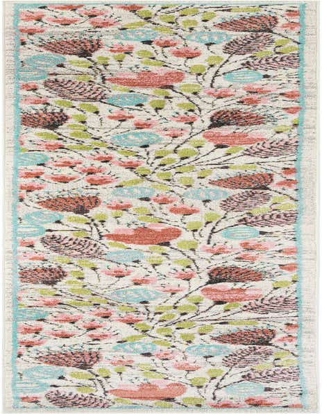 A 12 ft runner rug with an ivory background, featuring a vibrant modern floral pattern in pink, coral, teal, and lime green.