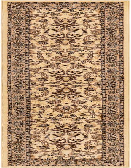 A 12 ft runner rug in ivory and cream with a traditional floral pattern and a dark border, suitable for a hallway.