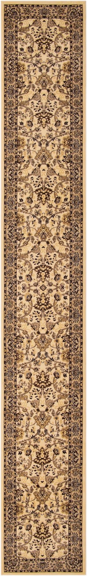 A long 20 ft ivory runner rug with a traditional oriental floral pattern in shades of cream and brown, perfect for a hallway.