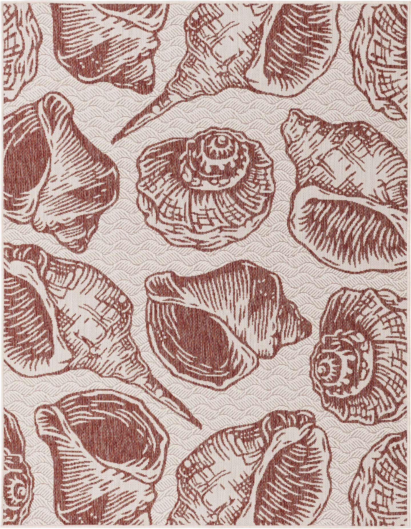 5x7 rectangular indoor/outdoor rug with an ivory background and rust red seashell patterns, ideal for a patio.