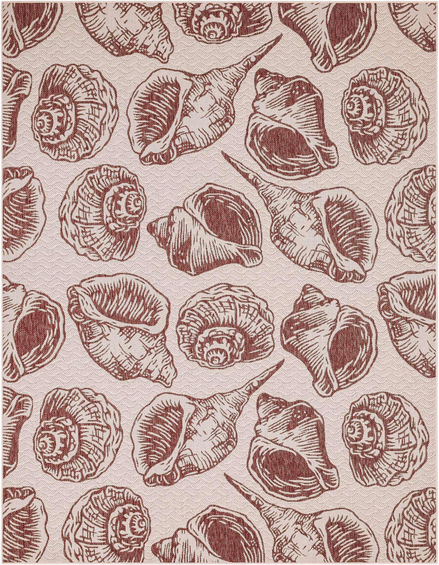 A 9x12 rectangular indoor/outdoor rug with an ivory background and rust red seashell patterns, ideal for a patio or living room.