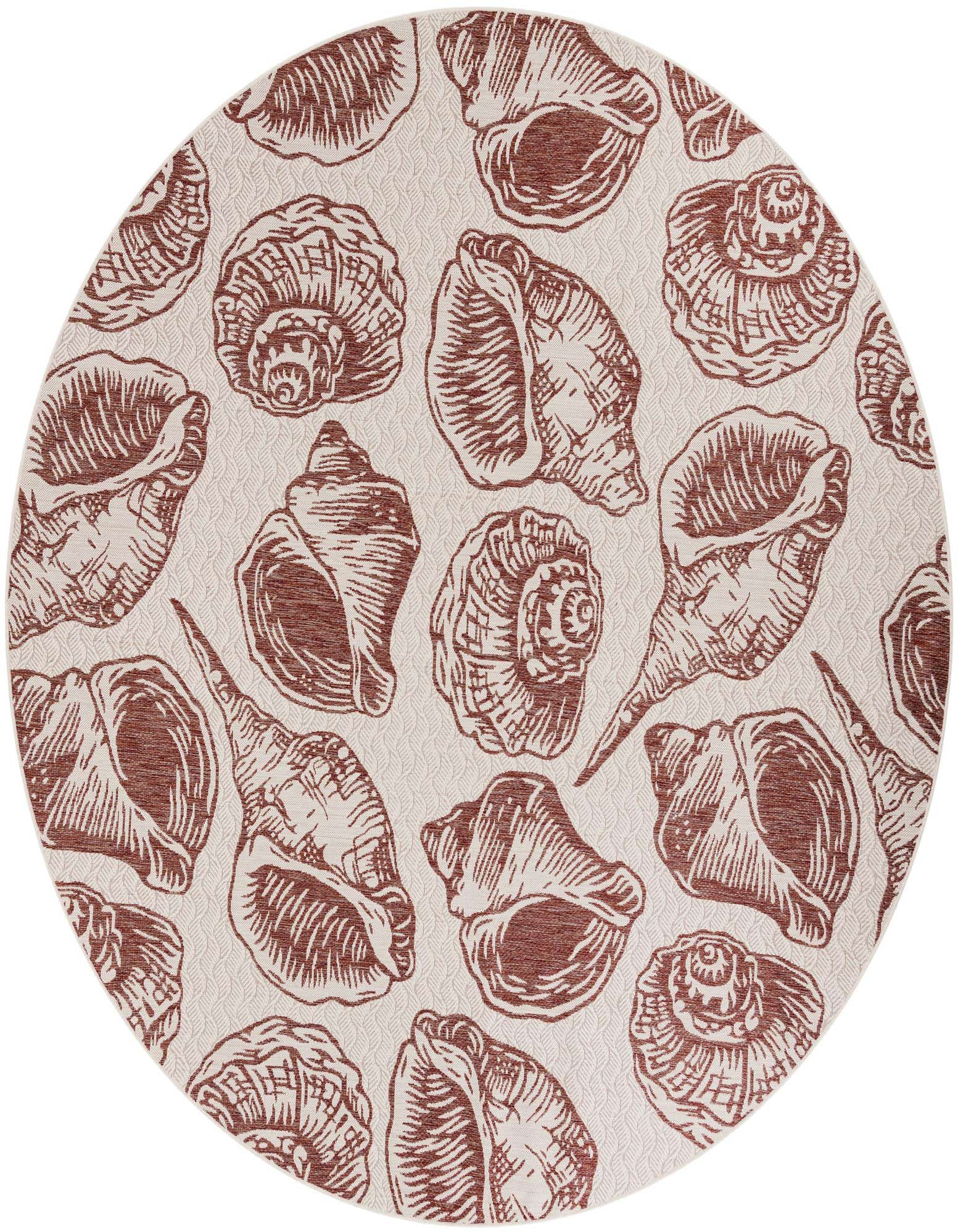 A 10-foot round ivory and rust red rug with a repeating pattern of various seashell illustrations, ideal for a patio.