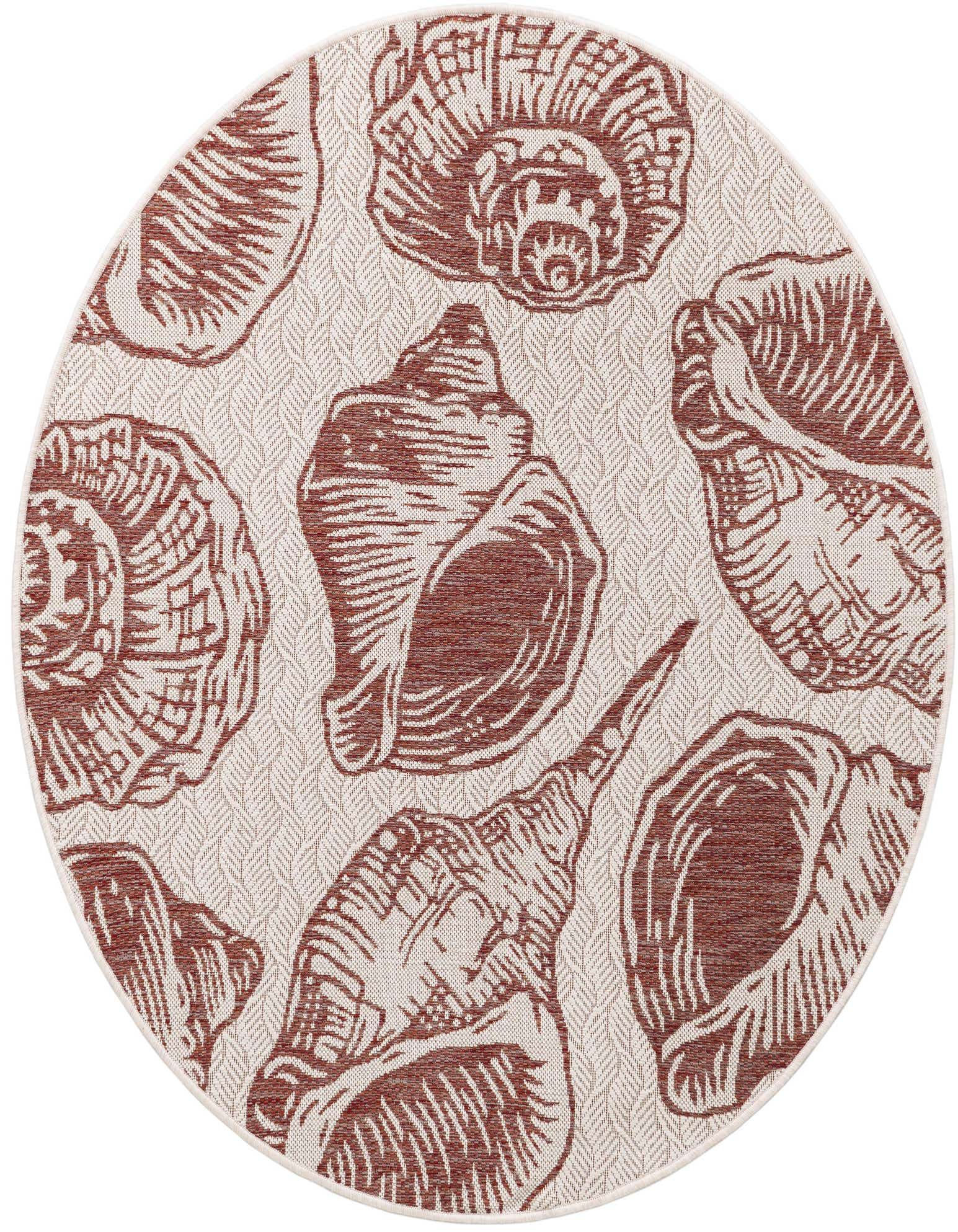 Round ivory and rust red rug with various seashell illustrations, perfect for a coastal-themed patio or indoor space.