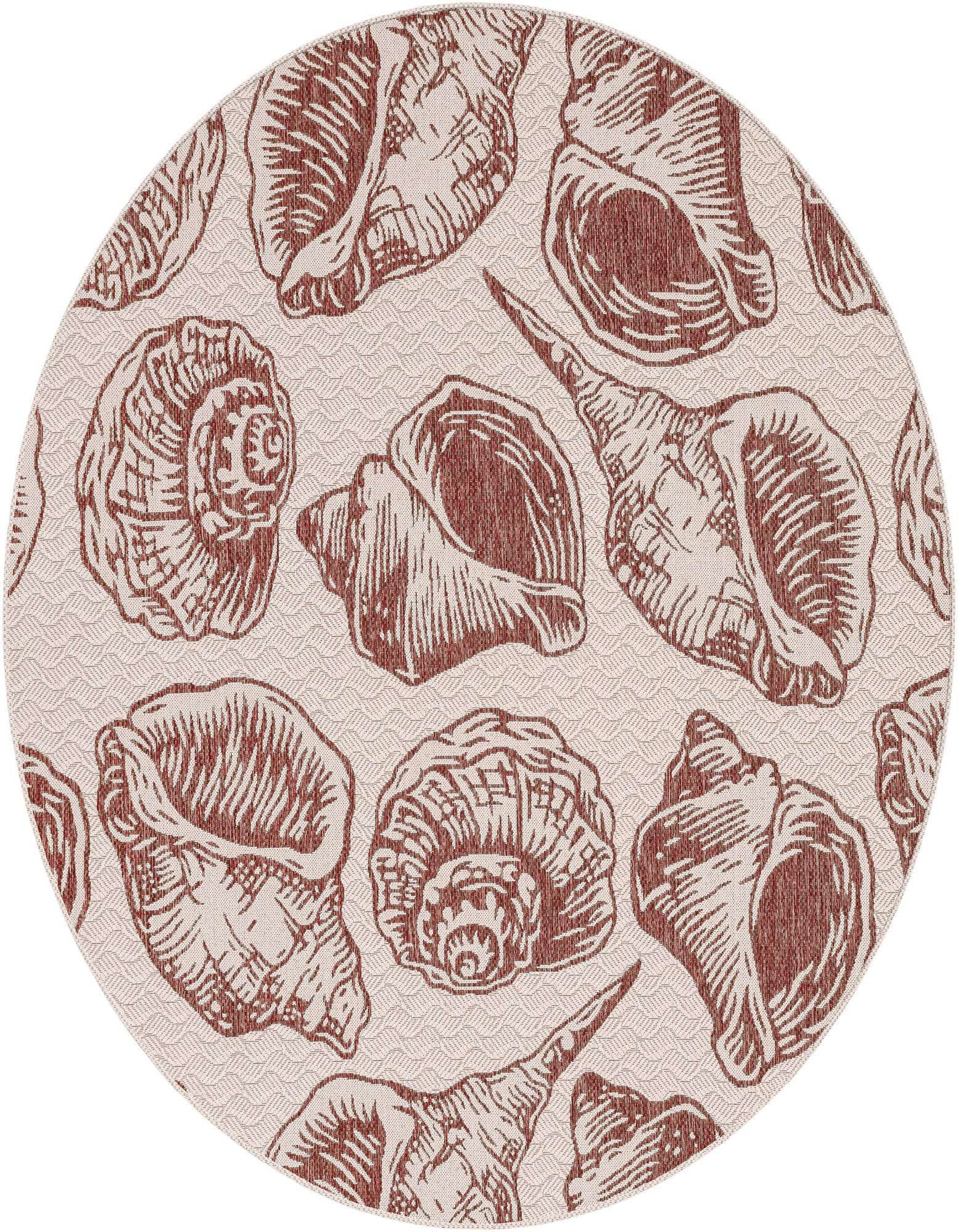 Round ivory and rust red rug with a repeating pattern of various seashells, perfect for a coastal patio.