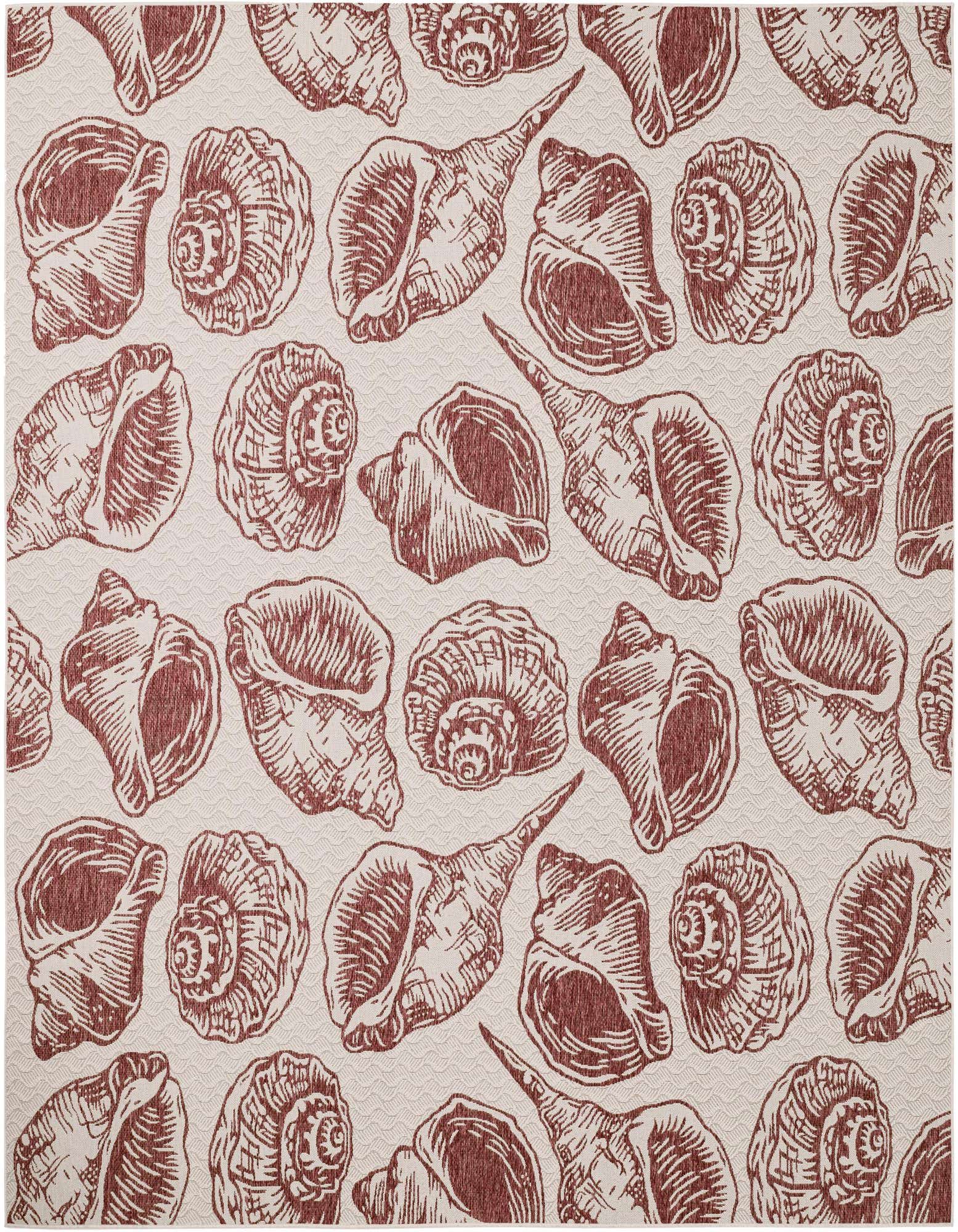 A 12' square ivory and rust red indoor/outdoor rug with a repeating pattern of various seashell illustrations.