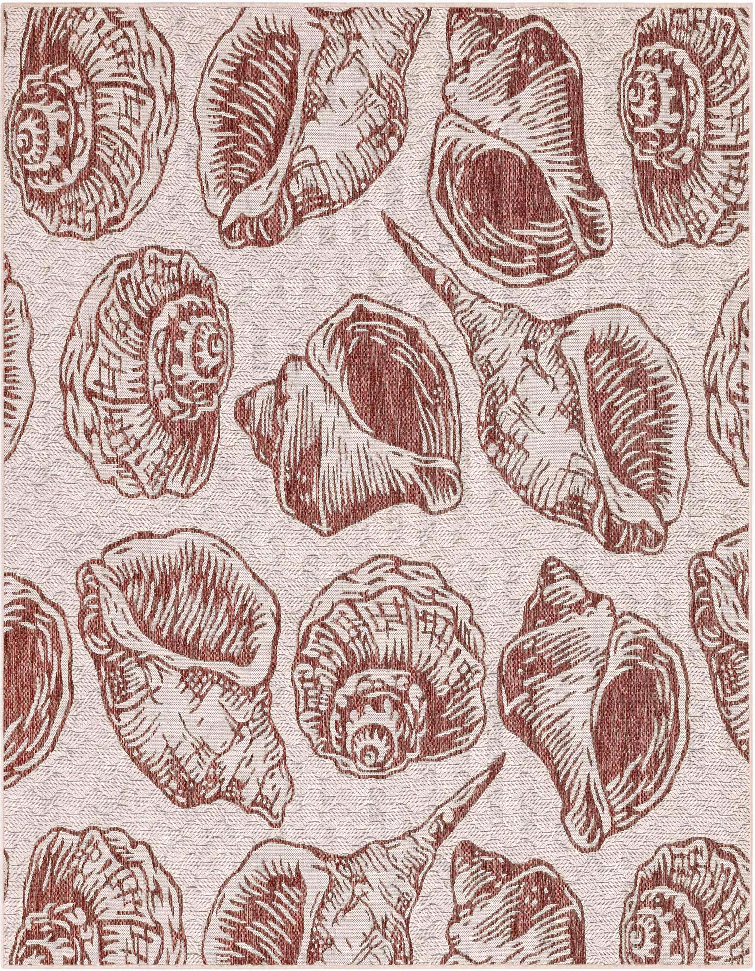 Square 7'10" x 7'10" ivory and rust red outdoor rug with a repeating seashell pattern.