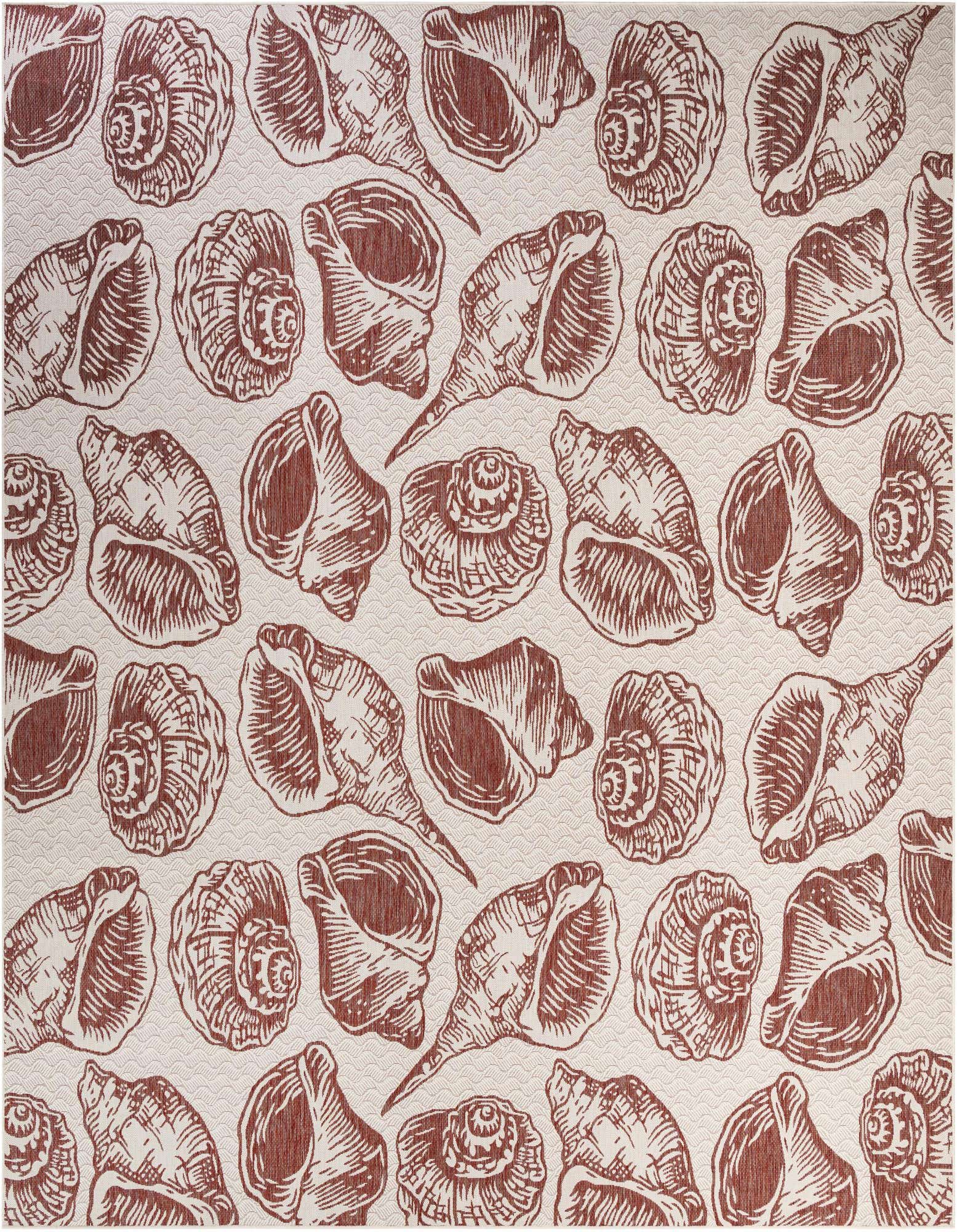 A square ivory and rust red rug featuring a repeating pattern of various seashell illustrations, perfect for a coastal patio.