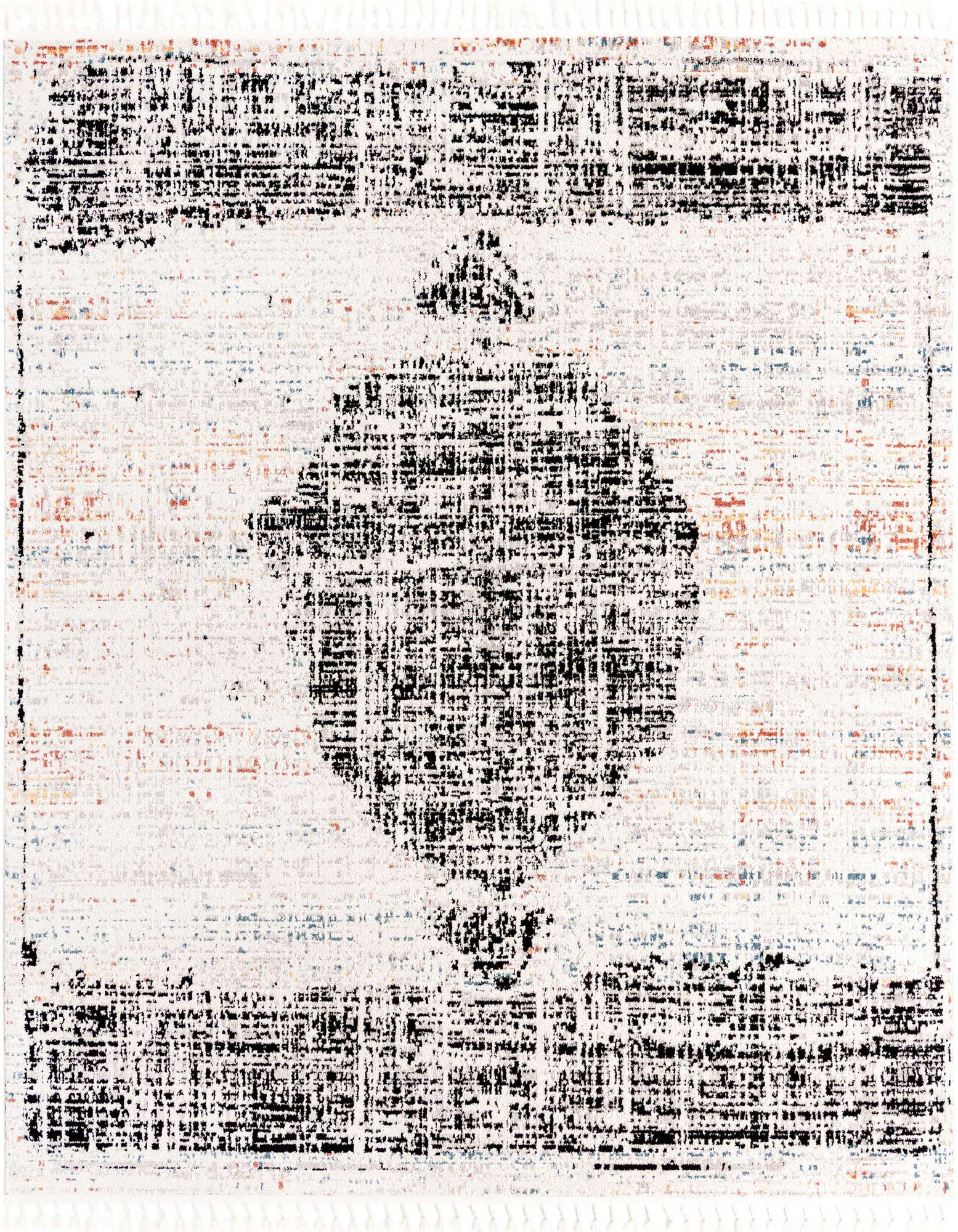 A square ivory and black modern medallion rug with a distressed look, featuring a bold central design.