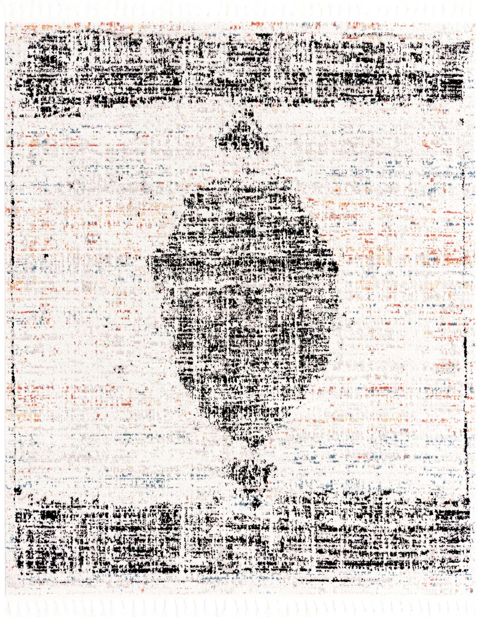 A square 7' 10 x 7' 10 modern ivory and black polypropylene rug with a distressed stripe pattern.