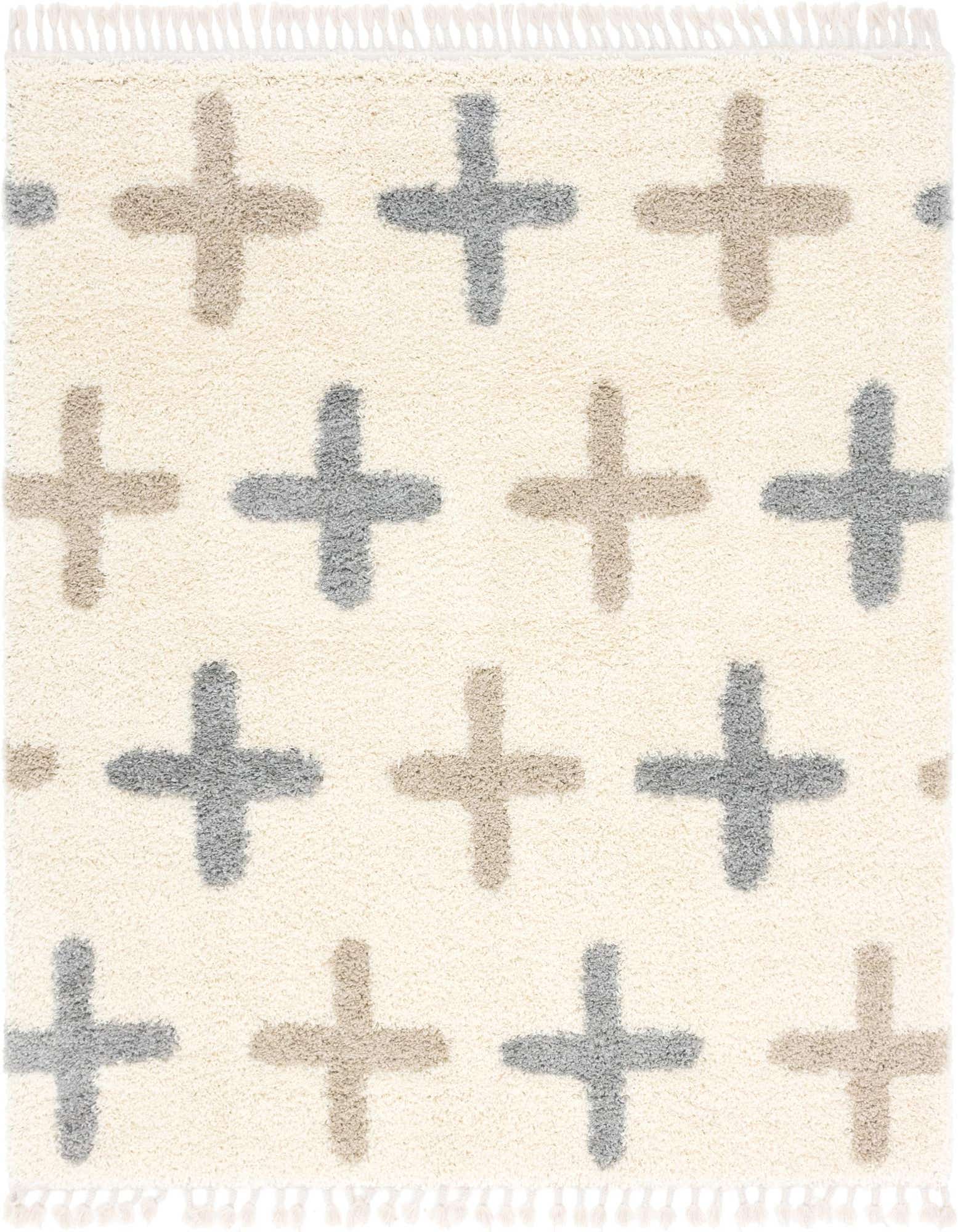 A square ivory shag rug with a repeating pattern of alternating gray and beige plus signs, featuring fringed edges.