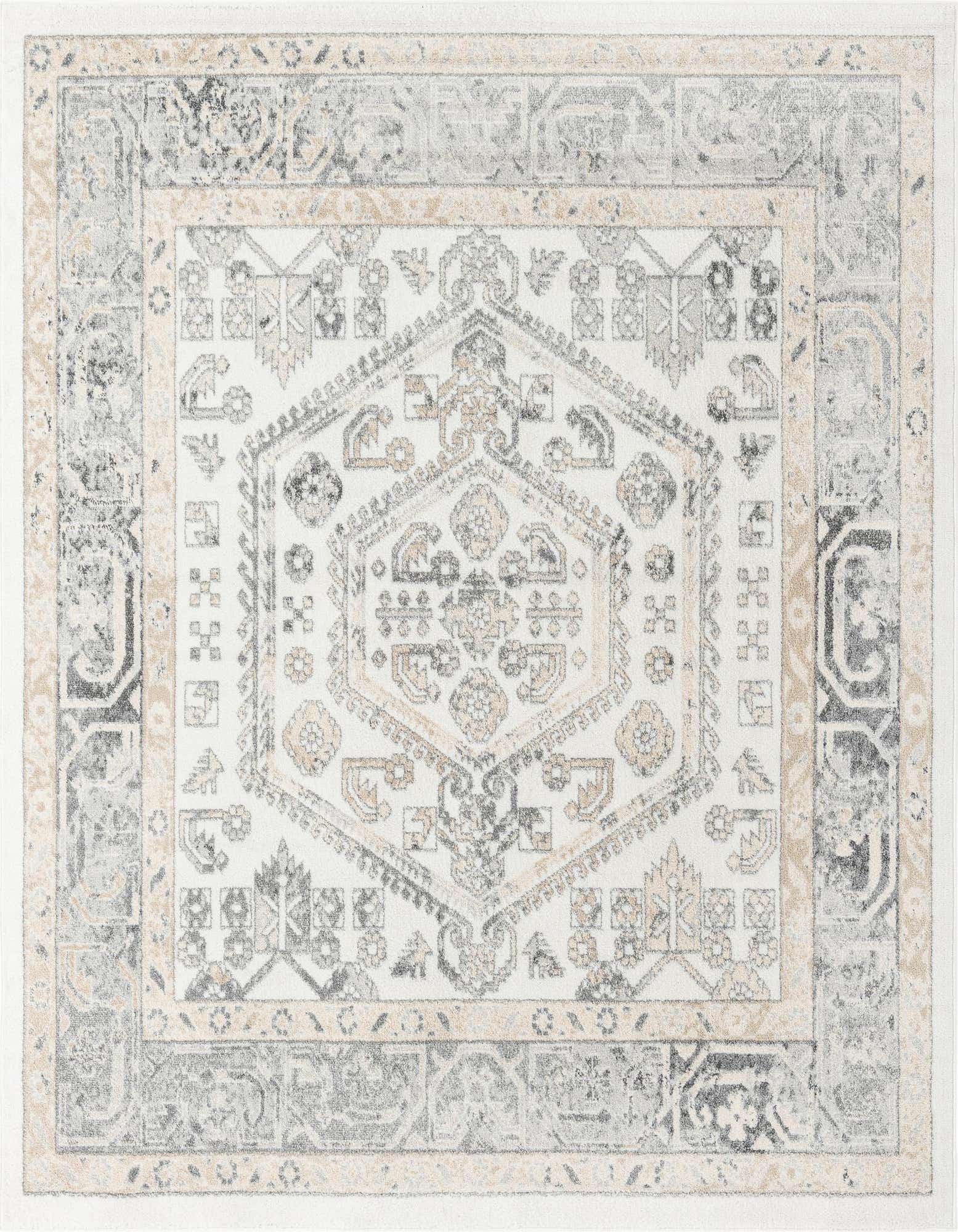 A 7' 10 x 7' 10 square ivory and cream rug with a distressed traditional medallion and tribal pattern.