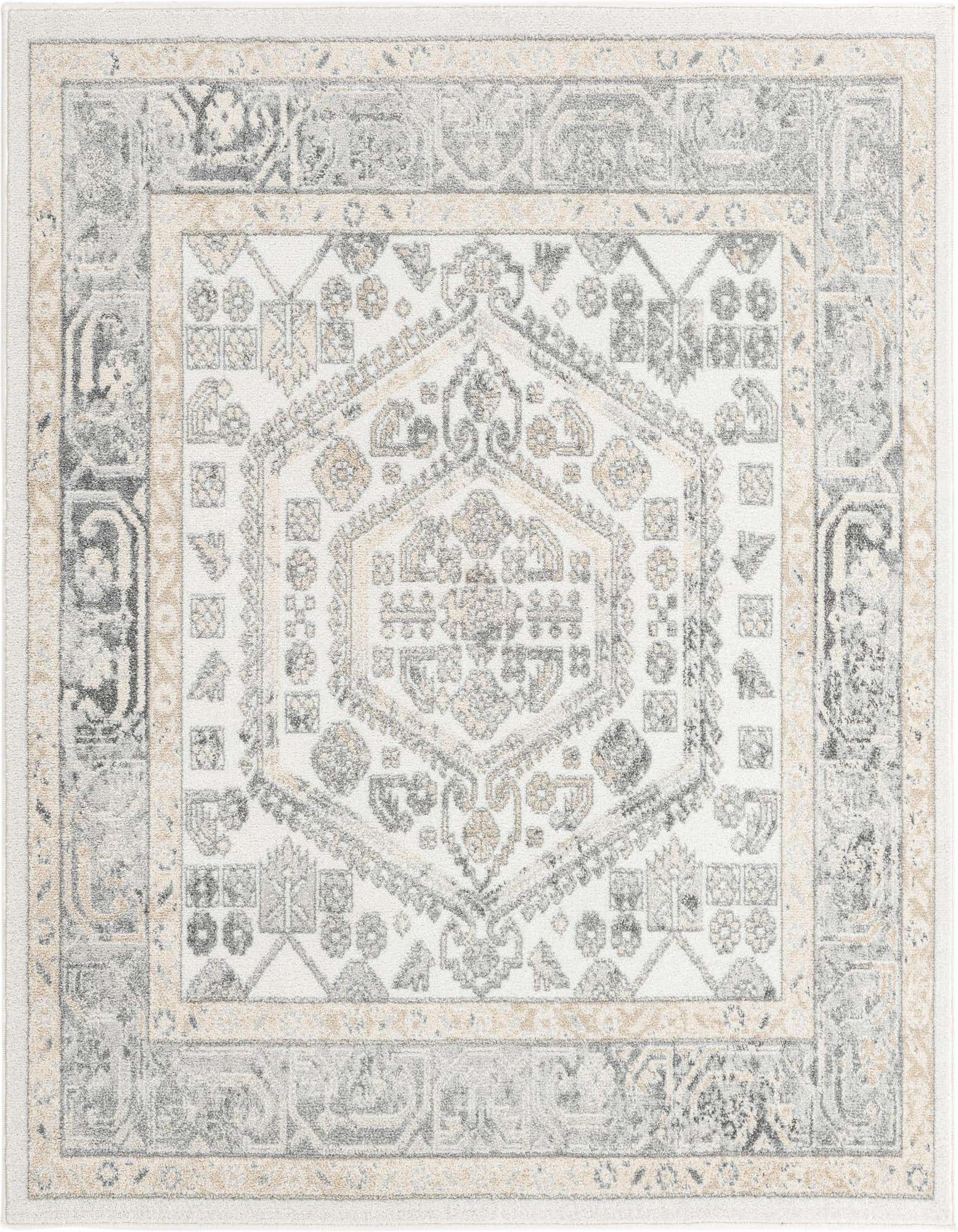 A 6'x6' square ivory and cream area rug with a vintage medallion and tribal pattern, featuring gray and light beige accents.