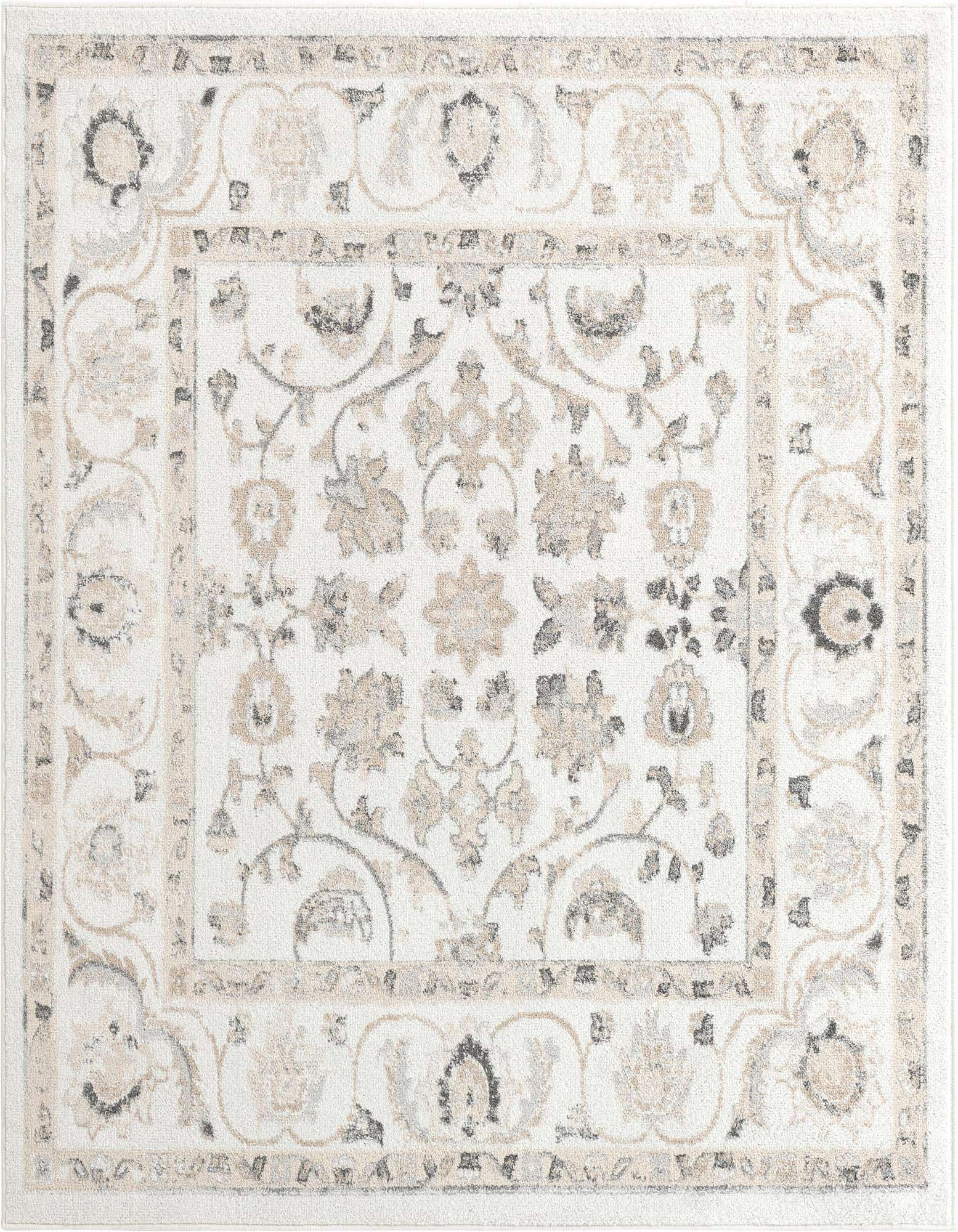 A 6'x6' square ivory traditional rug with a botanical floral pattern in cream, beige, and charcoal grey.