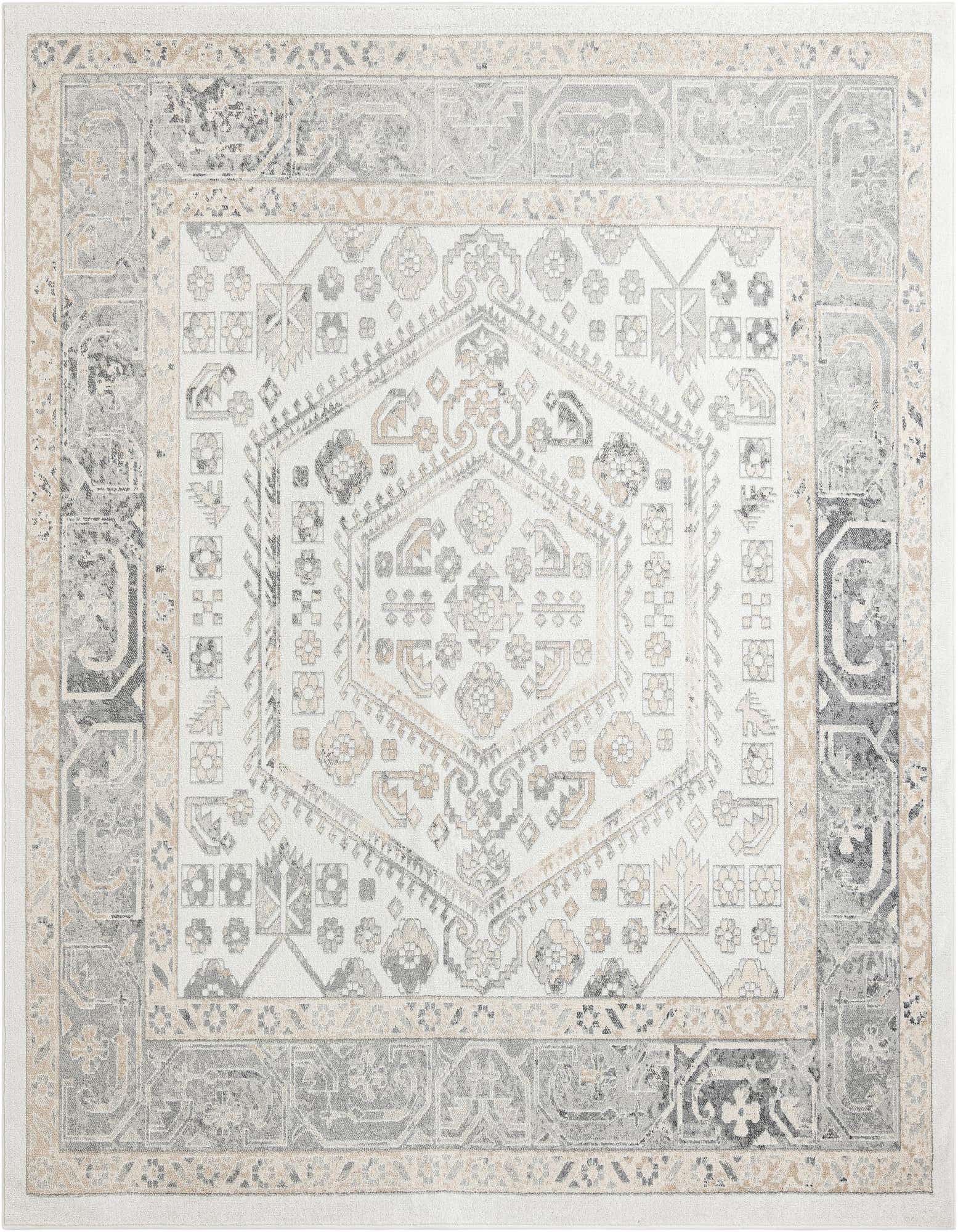 A 10'x10' square ivory and cream rug with a distressed traditional medallion and tribal pattern, featuring gray and beige accents.
