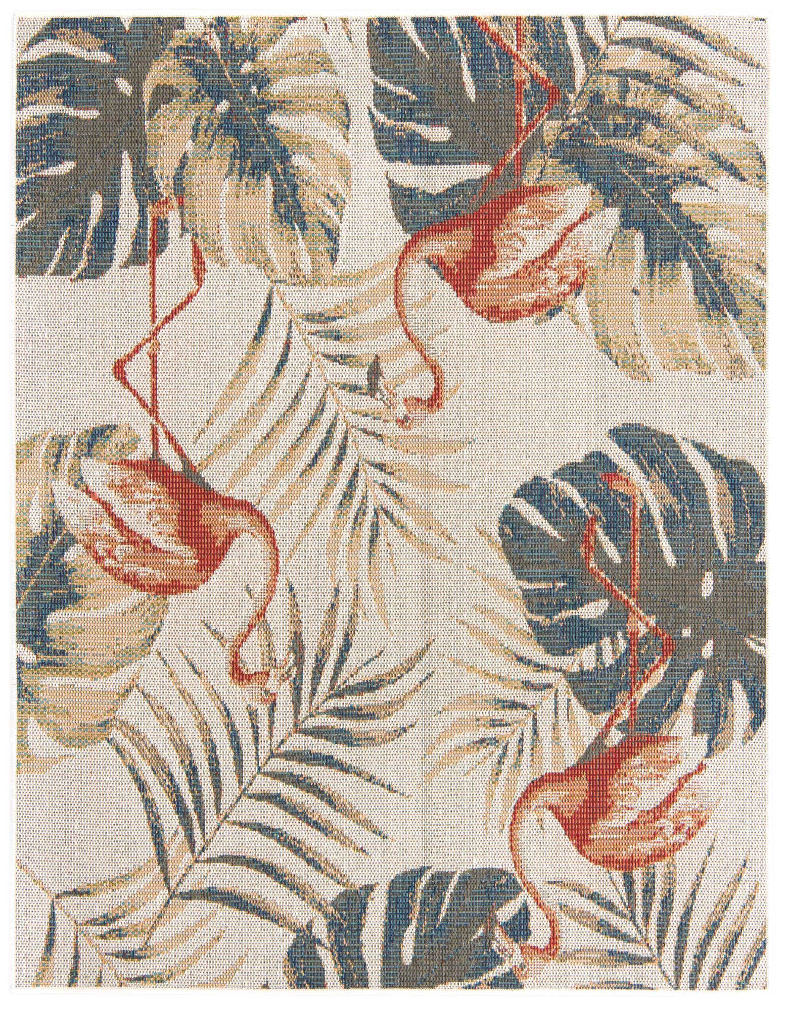 A square indoor/outdoor rug with a vibrant botanical pattern featuring pink flamingos and large blue and beige tropical leaves on a cream background.