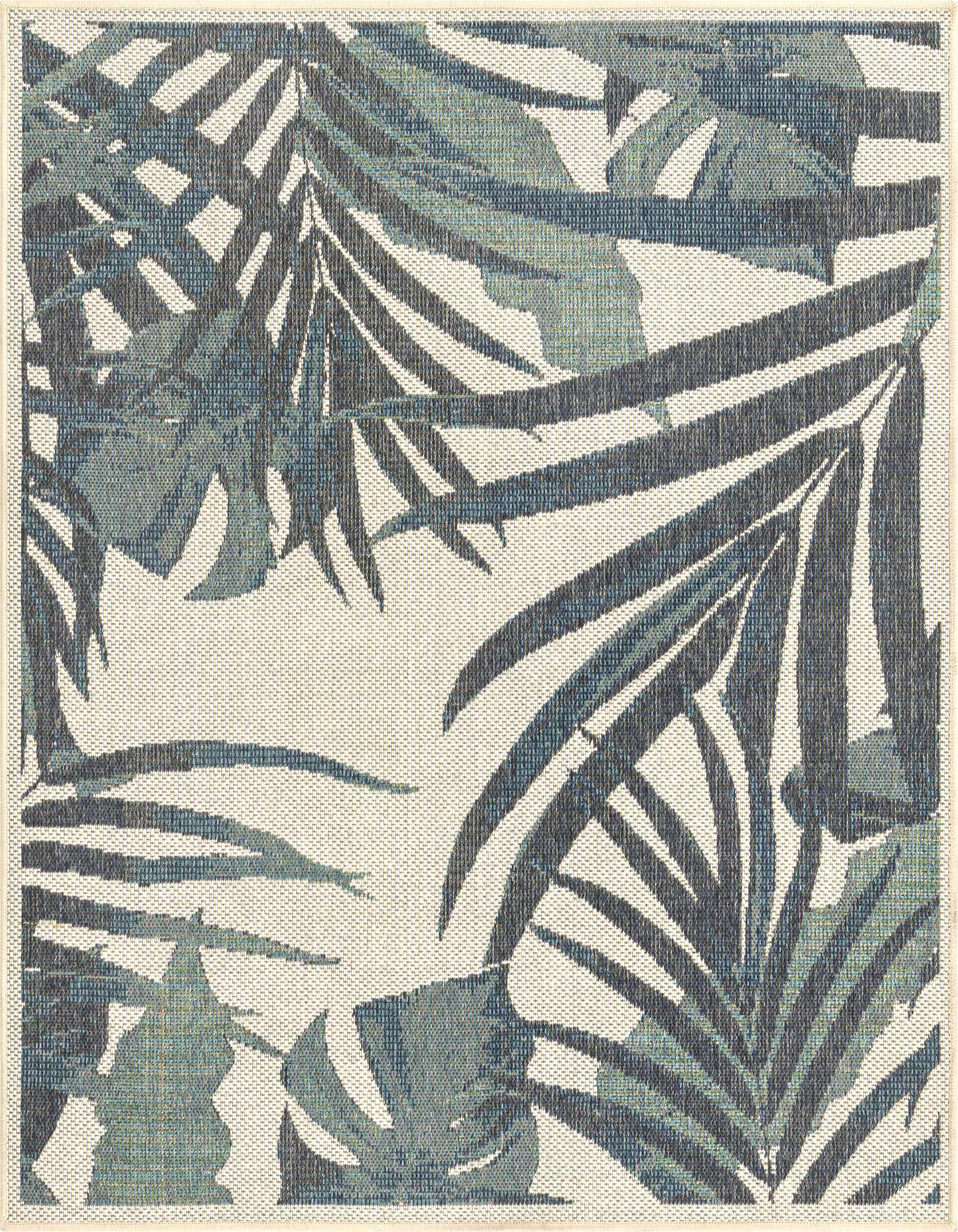 A square 5'3" x 5'3" Baja Outdoor rug featuring a modern botanical pattern with dark blue and teal palm leaves on an ivory background.