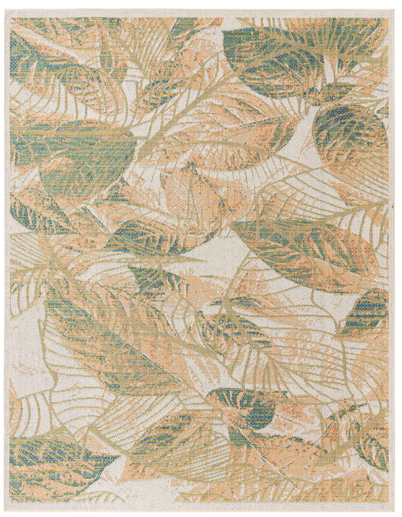 A square indoor/outdoor rug with a modern botanical pattern featuring large ivory, cream, peach, and teal leaves on a light background.