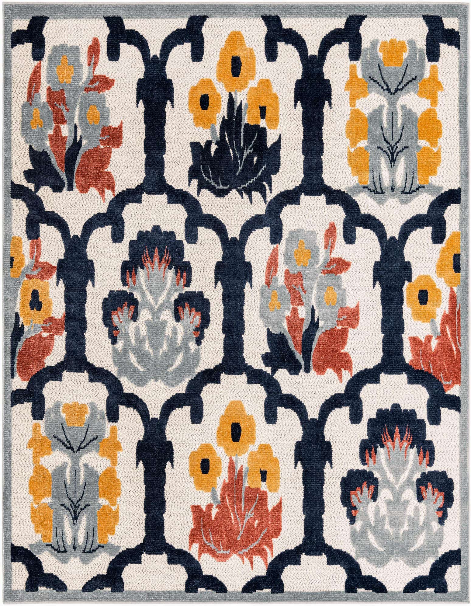 A square ivory indoor/outdoor rug with a navy trellis pattern framing botanical motifs in gold, rust, and grey.