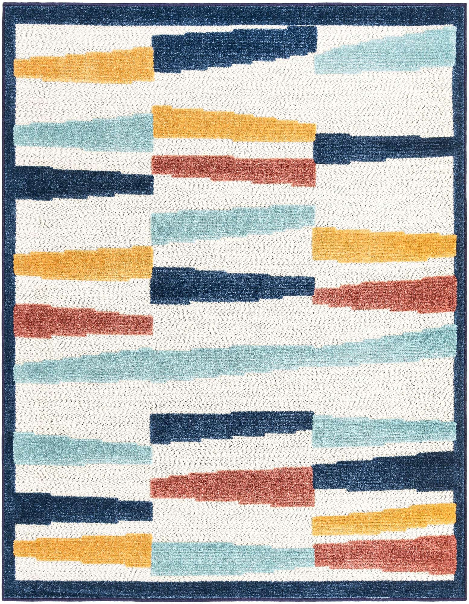 A 5'3" x 5'3" square indoor/outdoor rug with a modern coastal stripe pattern in ivory, navy, light blue, orange, and terracotta.