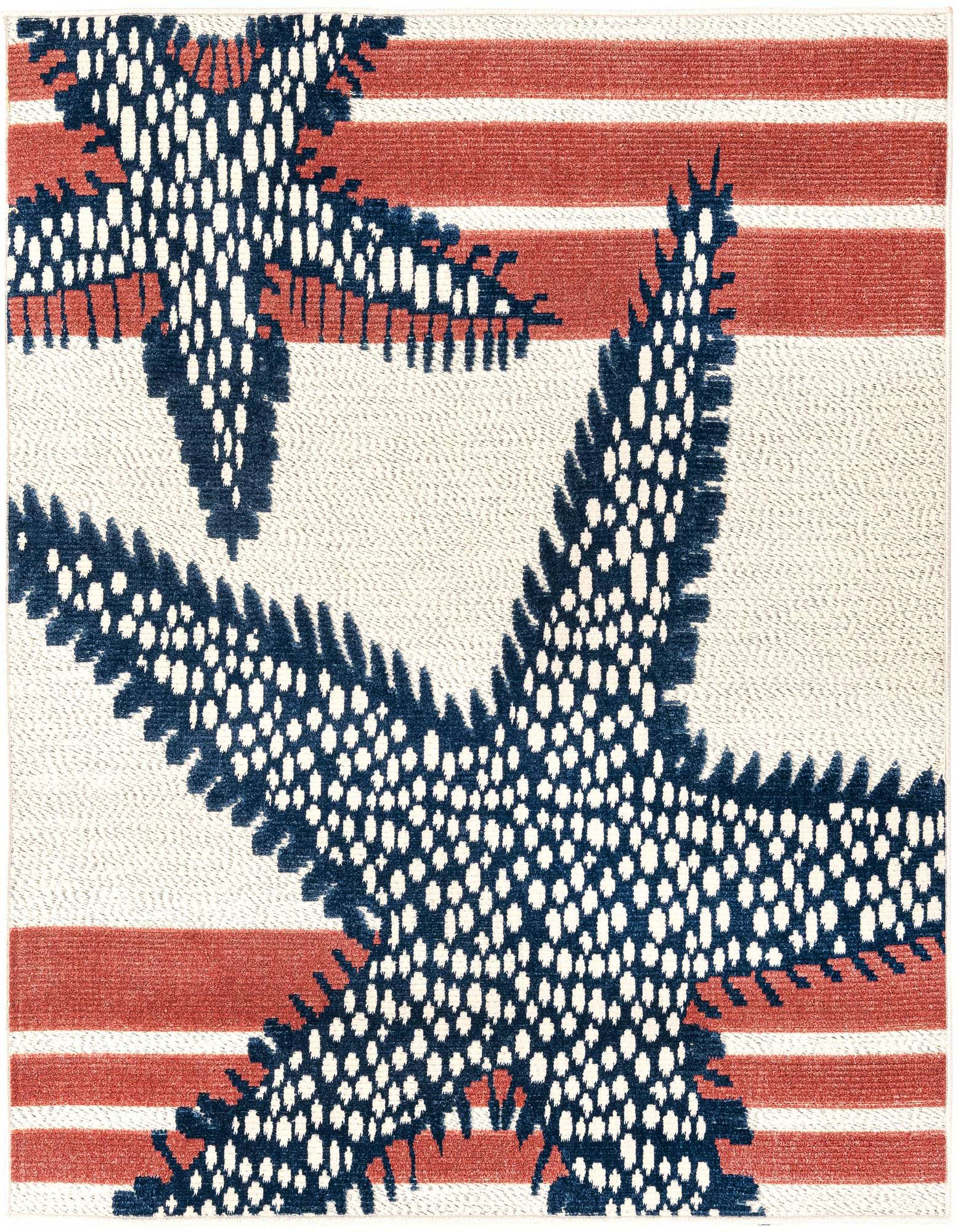 A square ivory and red rug with large navy blue starfish patterns, ideal for a patio or coastal decor.