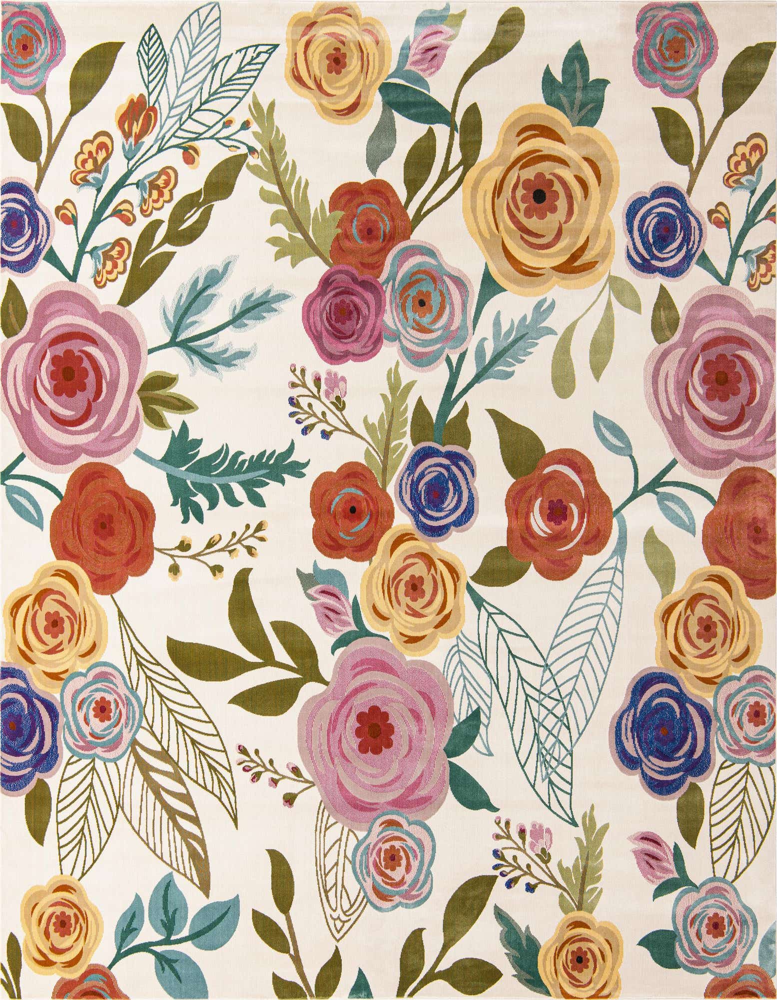 A 10'x10' square ivory rug with a vibrant modern floral pattern featuring pink, yellow, blue, and orange blooms.